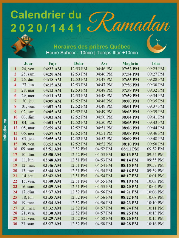 Calendrier permanent des horaires de prière (valable pour toutes les années  2020, 2021, 2022, 2023 y compris le Ramadan..