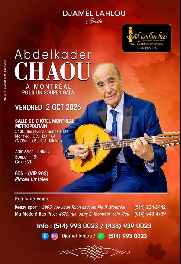 2 octobre 2026. Le chanteur algérien Abdelkader Chaou en concert à Montréal