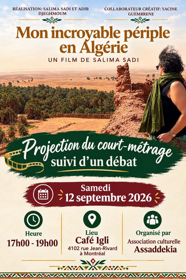 12 septembre 2026. Mon incroyable voyage en Algérie, un film de Salima Sadi 12 septembre 2026. Mon incroyable voyage en Algérie, un film de Salima Sadi