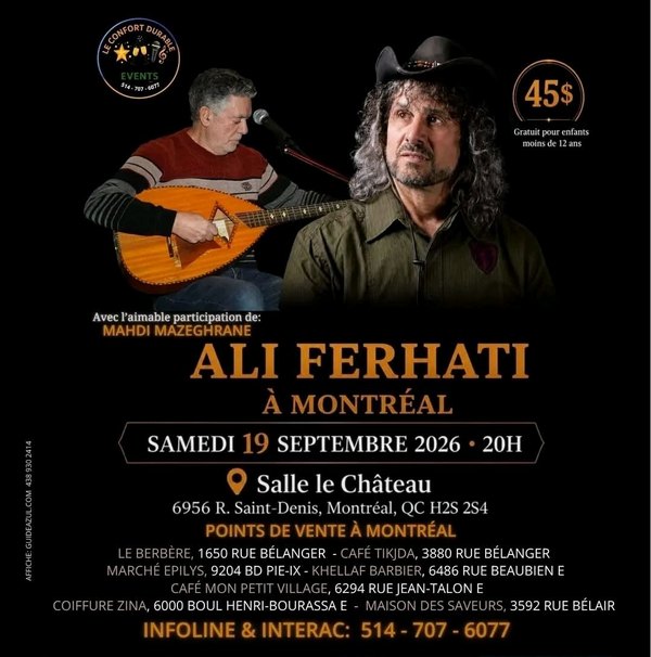 19 septembre 2026. le chanteur algérien Ali Ferhati en concert à Montréal
